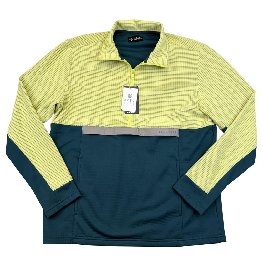 Reel Life Pullover Mens Medium Green Sunny Lime Grid Fleece‎ Quarter Zip Top